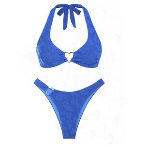 Jacquard Floral Terry Cheeky Bikini Set with HEART Ring Accent-Blue Size Small.